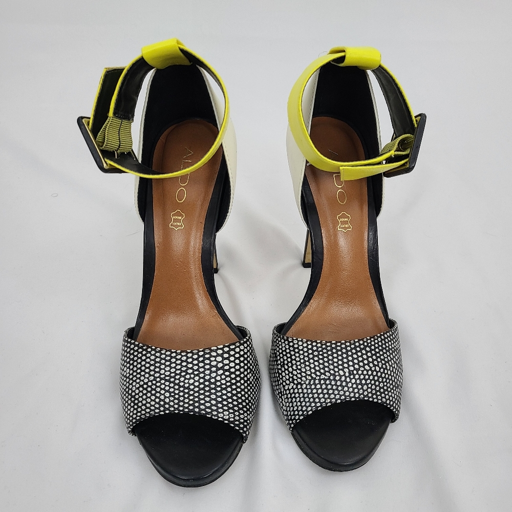 ALDO Women's Lime Green, Black, White Strappy Heels, size 8